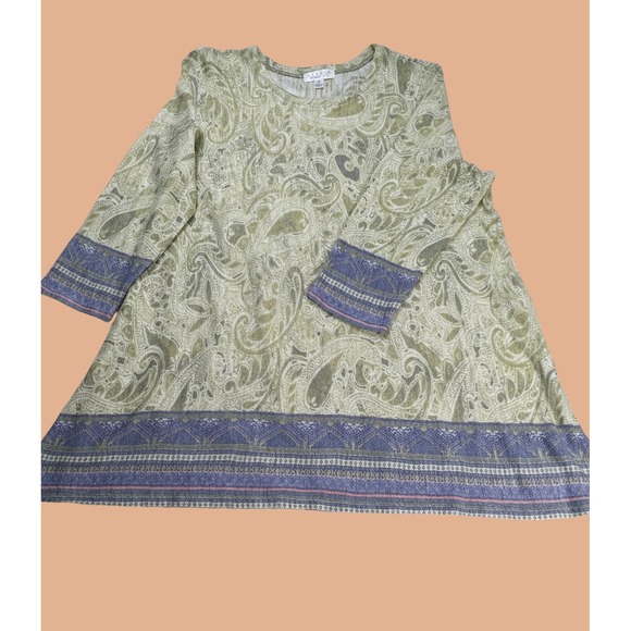 Tunic Top 1X green paisley print 3/4 sleeve blue seams super soft drapes well - Picture 2 of 5